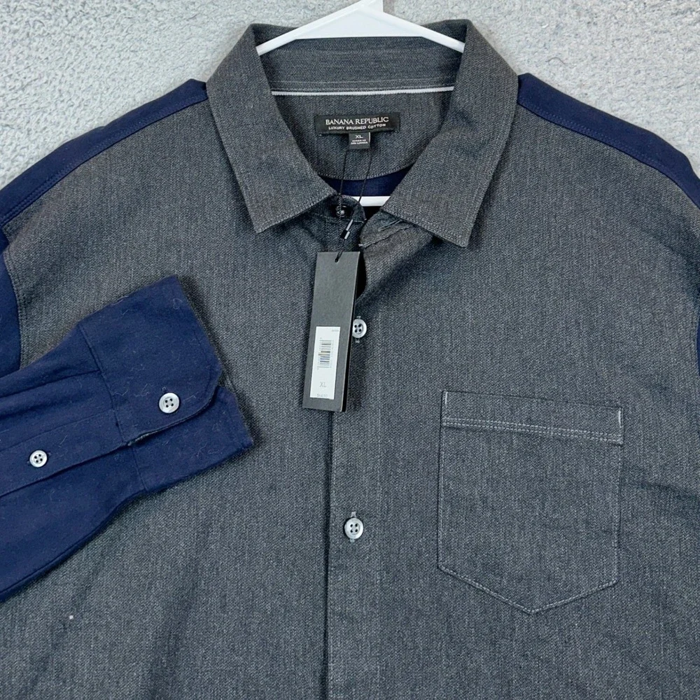 NEW Banana Republic Shirt Mens XL Grey Navy Colorblock Button Up Long Sleeve